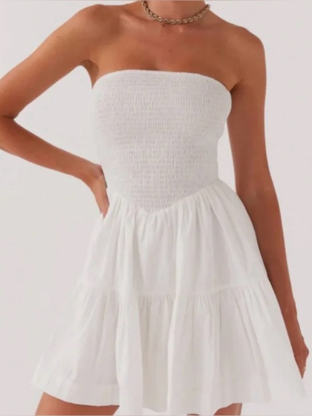 Peppermayo White Strapless Smocked Tiered Mini Dress